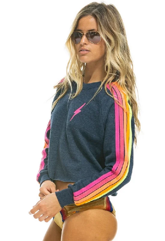 Aviator Nation Bolt Classic Cropped Crew Neck Sweatshirt in Heather Navy Neon