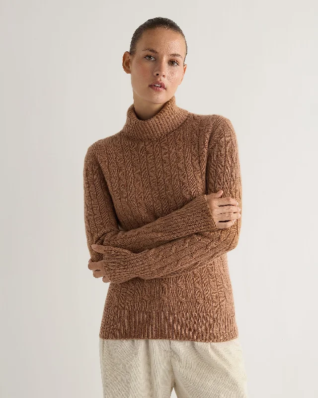 Women's Adelyn Cable Turtle Cashmere Sweater Dark Camel Brown