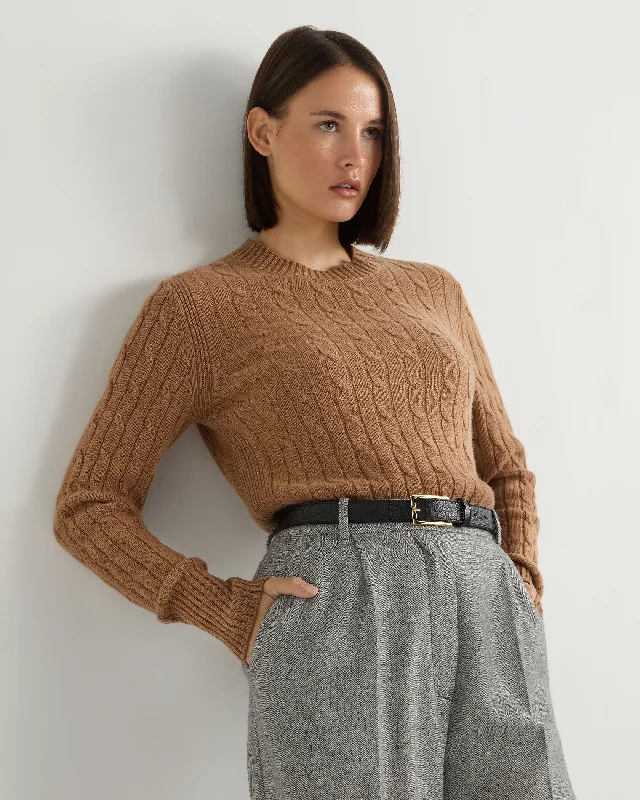 Women's Adelyn Cable Round Neck Cashmere Sweater Dark Camel Brown