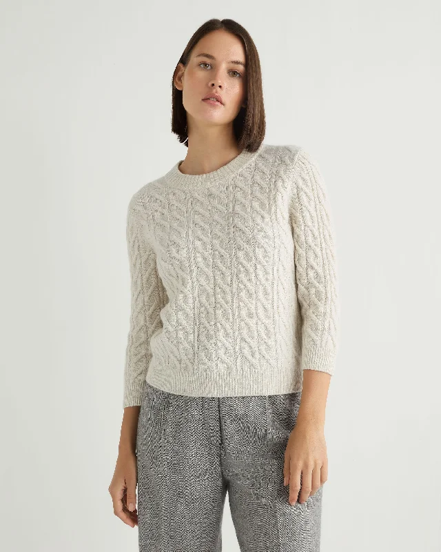 Women's Emilia Cable Round Neck Cashmere Sweater With Lurex Snow Grey Sparkle