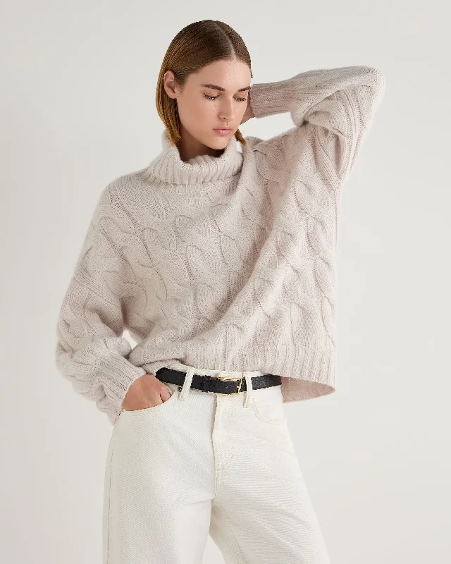 Women's Hana Chunky Cable Turtle Neck Cashmere Sweater Frost White