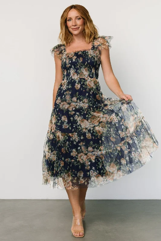 Clementine Tulle Midi Dress | Blue + Golden Floral