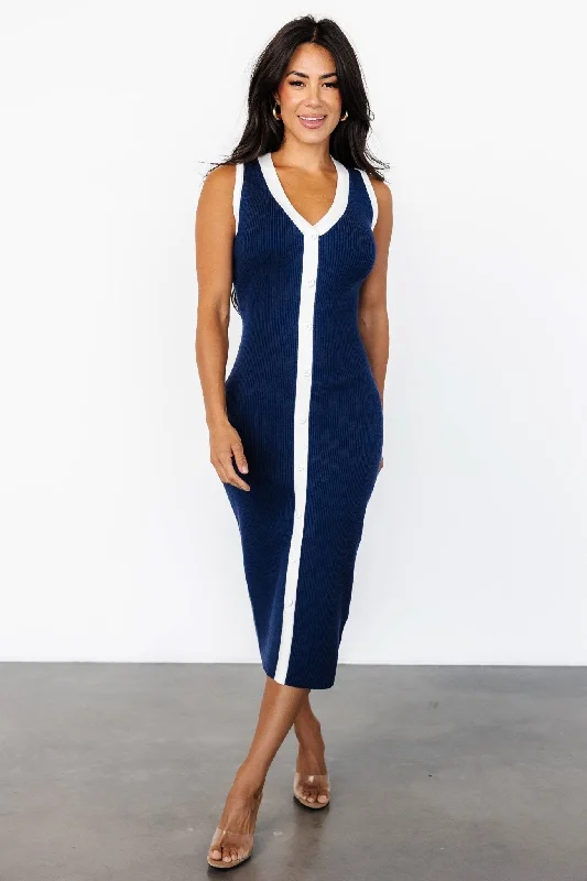 Coley Ribbed Button Dress | Navy + Off White