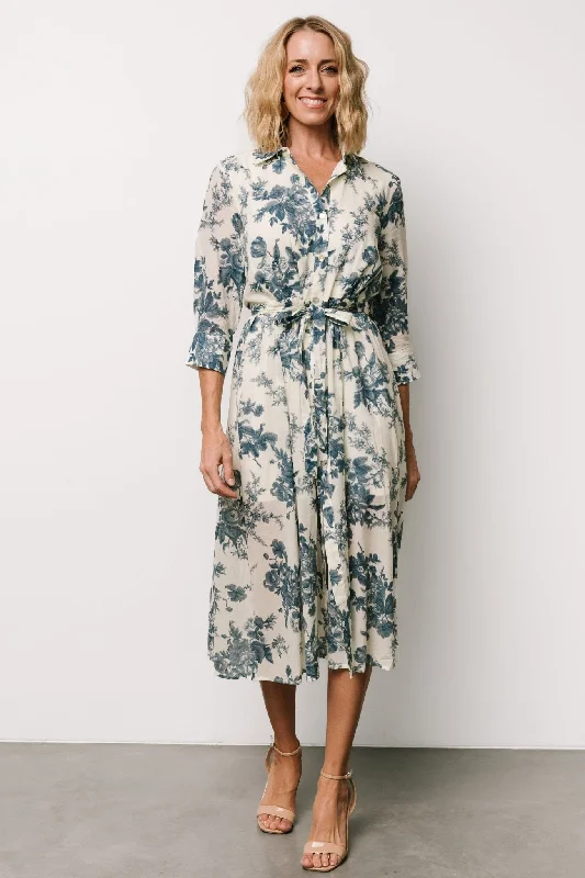 Eunice Button Midi Dress | Ivory + Blue Floral