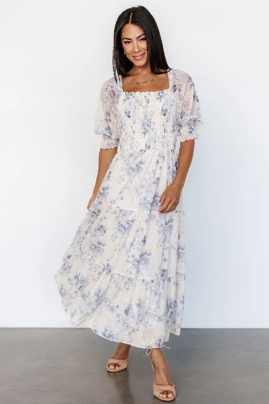 Fabian Jacquard Midi Dress | Cream + Blue Floral