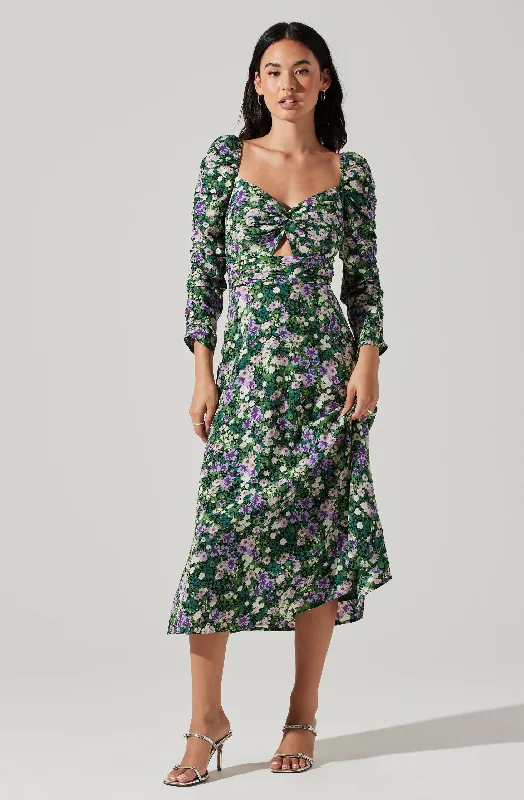 Floral Long Sleeve Twist Keyhole Front Midi Dress