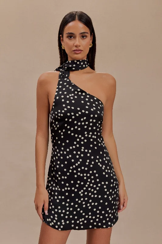 Joan Satin Asymmetrical Mini Dress - Black Polka Dot Print