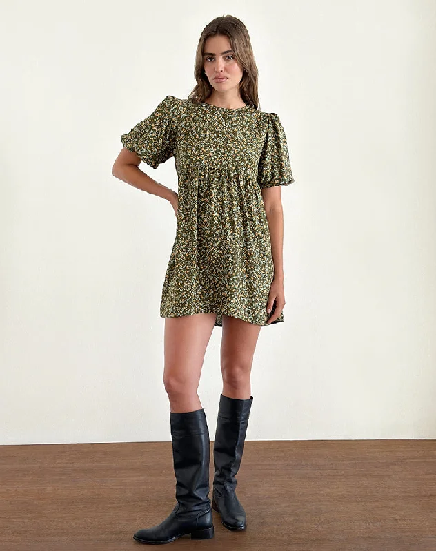 Marate Puff Sleeve Mini Dress in Grunge Floral Khaki