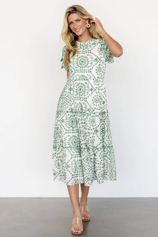 Mirabel Eyelet Midi Dress | White + Green