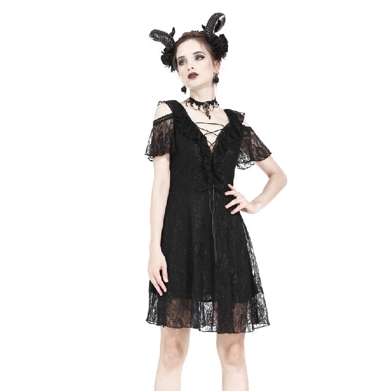 Women's Goth Lace Plunge V-neck Ruffle Mini Dress