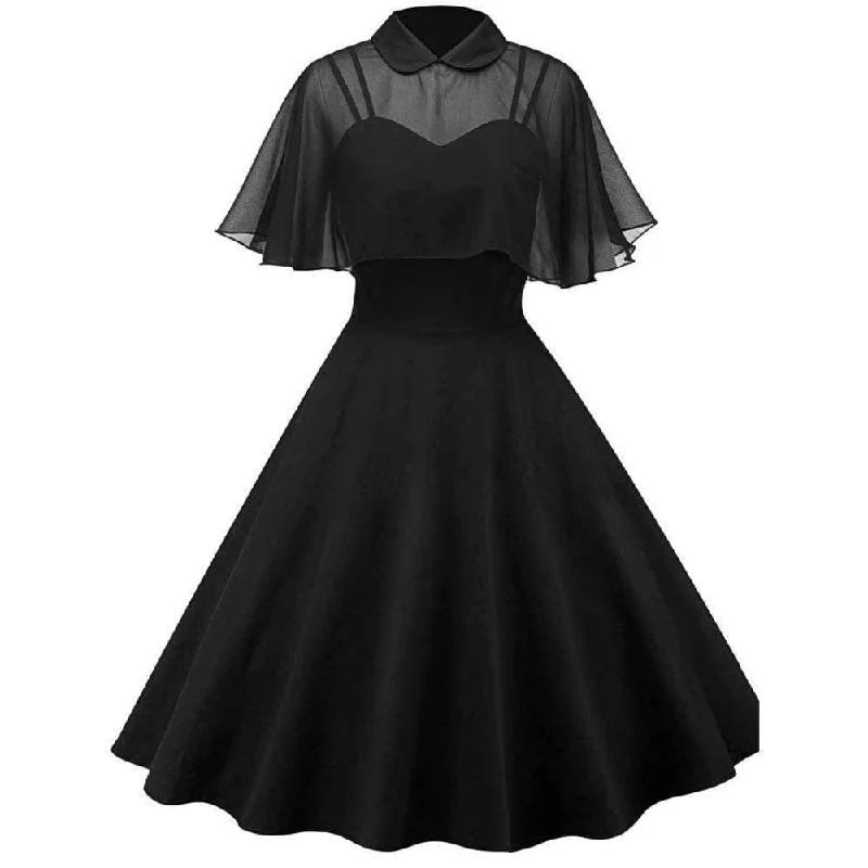 Women's Gothic Lace Overlaid Cape Black Circle Dress