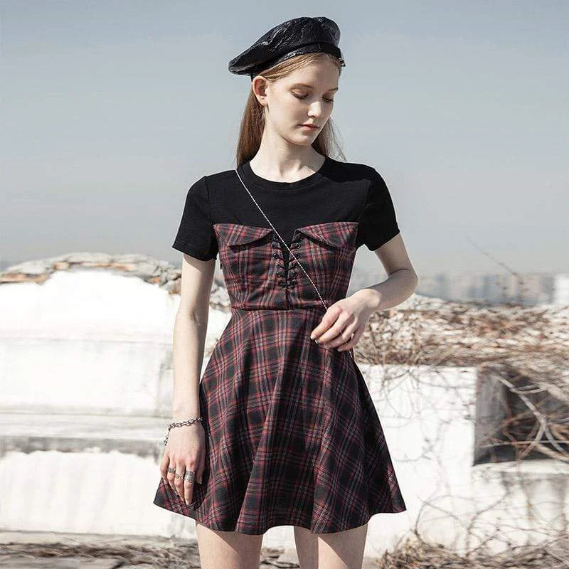 Women's Lacing High-waisted Plaid Dresses