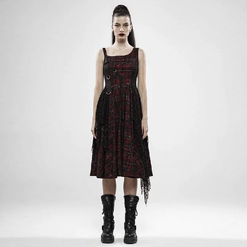 Women's Punk Irregular Red Plaid Slip Dresses With Mesh Ruffles