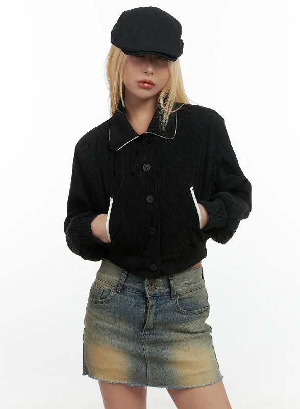 Chic Collared Polyester Crop Jacket CS425