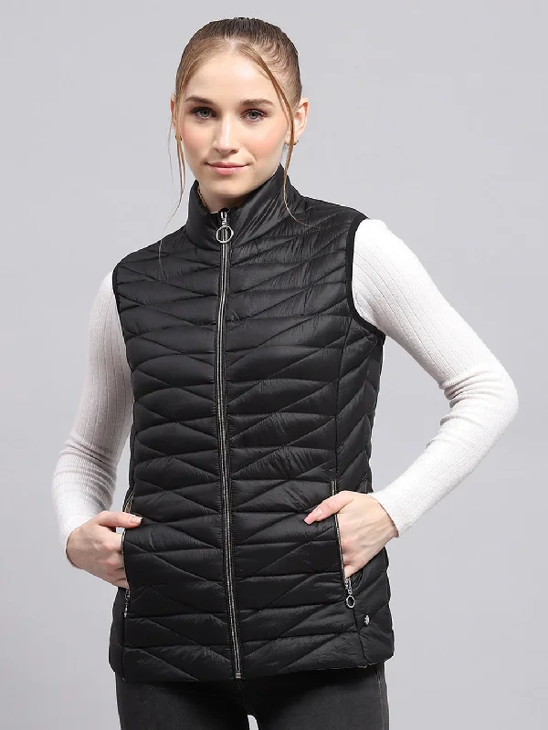 Women Black Solid Mock Neck Sleeveless Jacket