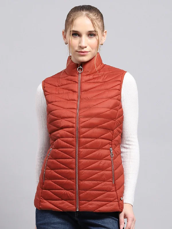 Women Rust Solid Mock Neck Sleeveless Jacket