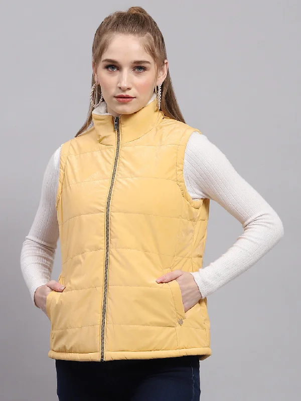 Women Yellow Solid Mock Neck Sleeveless Jacket