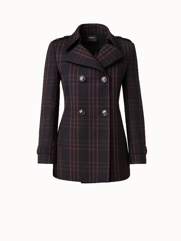 Wool Double-Weave Peacoat with Window Pane Check